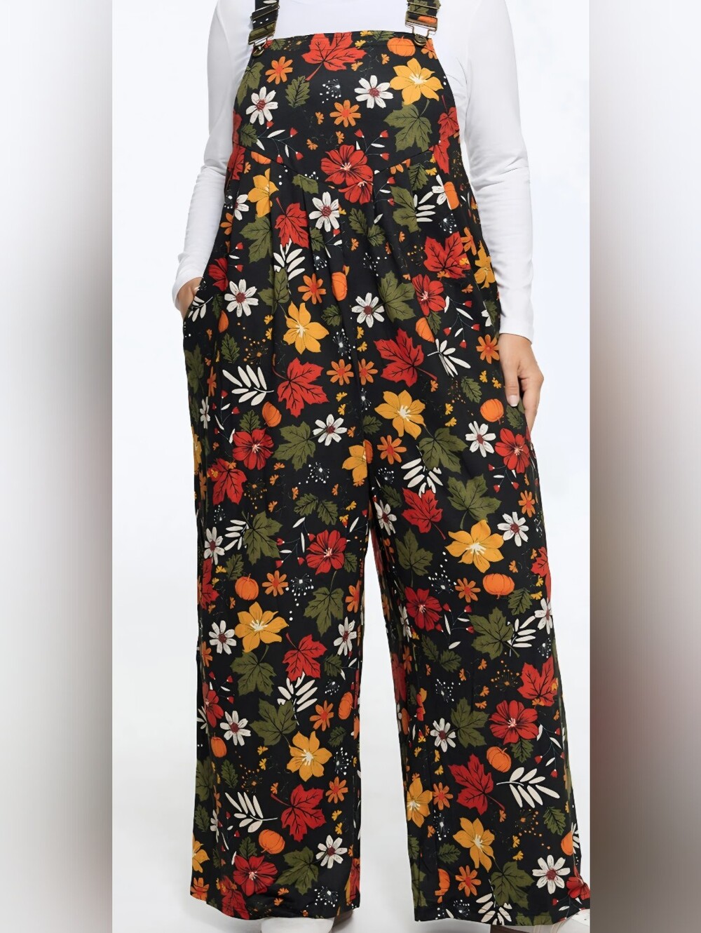 Bloomchic Retro Fall Print Relaxed Fit Overalls Botanical Pumpkins Whimsical 3X